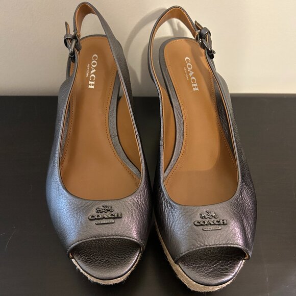 Coach Shoes - Womens COACH Sz 6 Gray Metallic Platform Wedge Open Toe Shoes